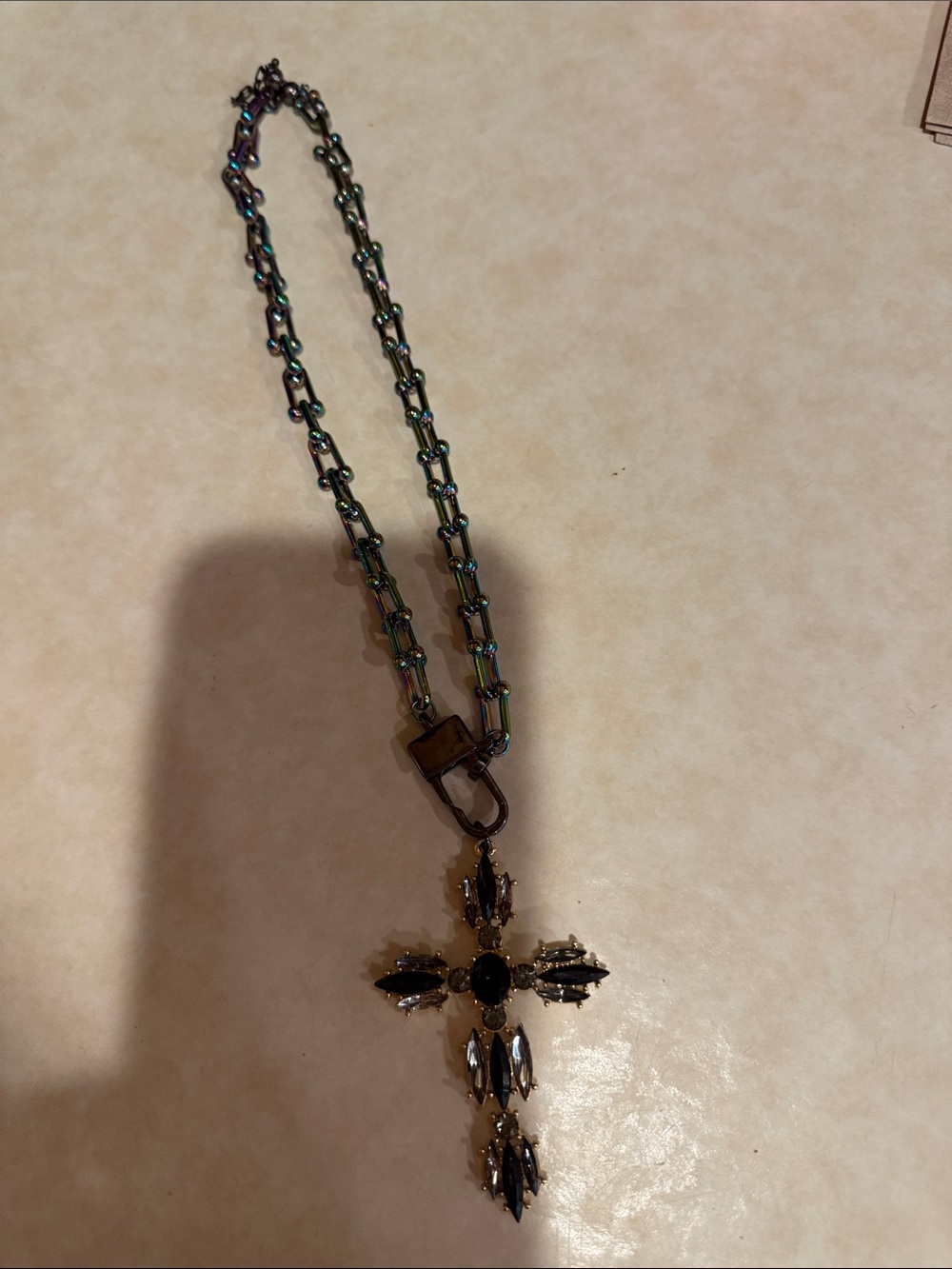 Iridescent Chain Necklace with Black Cross Pendant